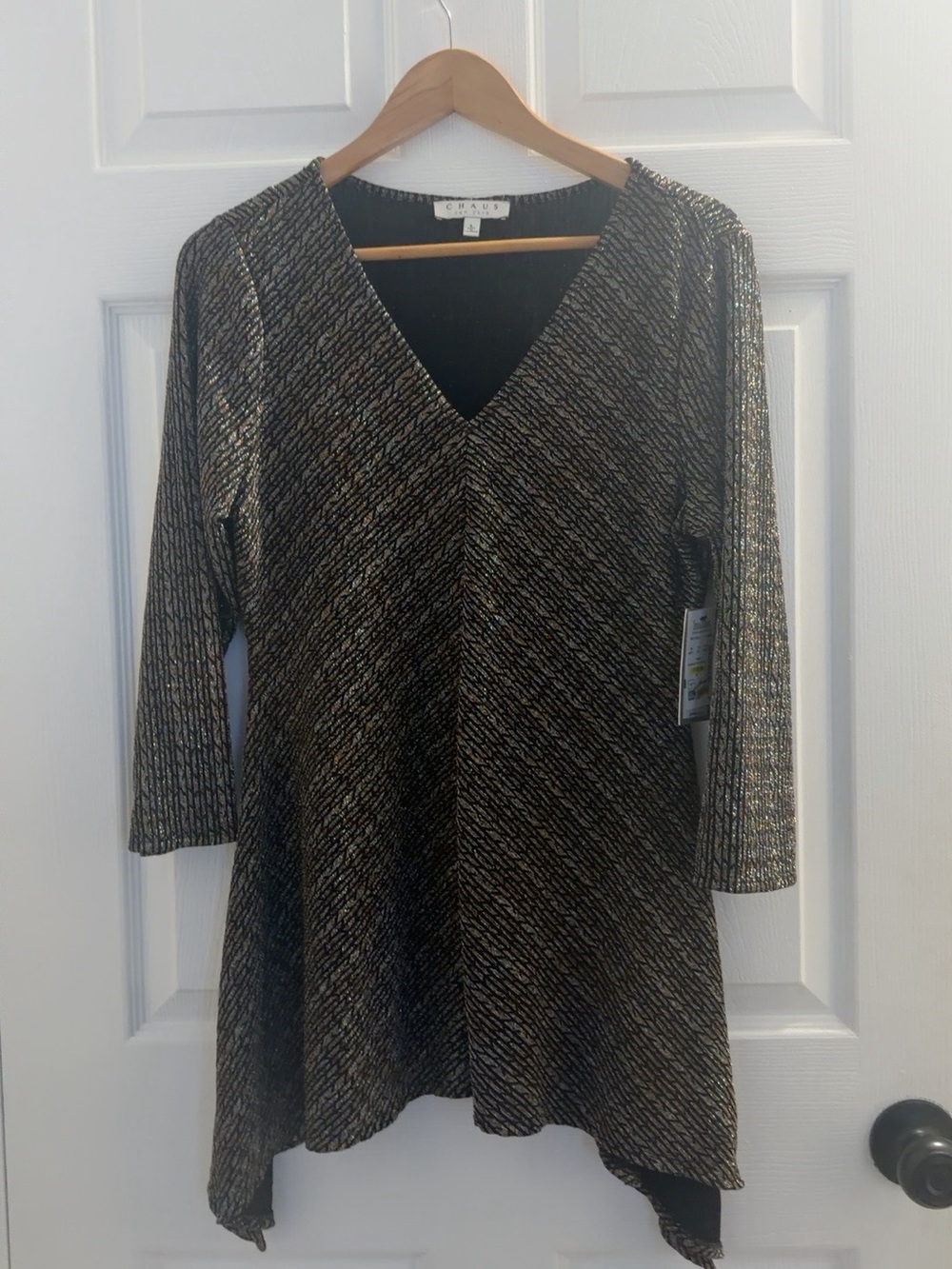 Chaus Black and Gold V-Neck A-Line Long Sleeve Tunic Dress